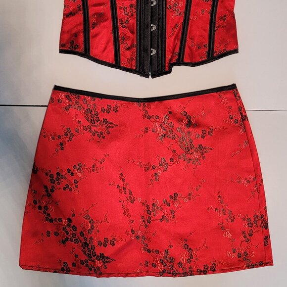 Women Lace Up Red/Black Bustier Corset & Skirt Burlesque Top Waist Cincher - Picture 2 of 5